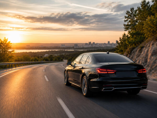 Luxusauto bei Sonnenuntergang auf der Straße Luxusauto bei Sonnenuntergang auf der Straße